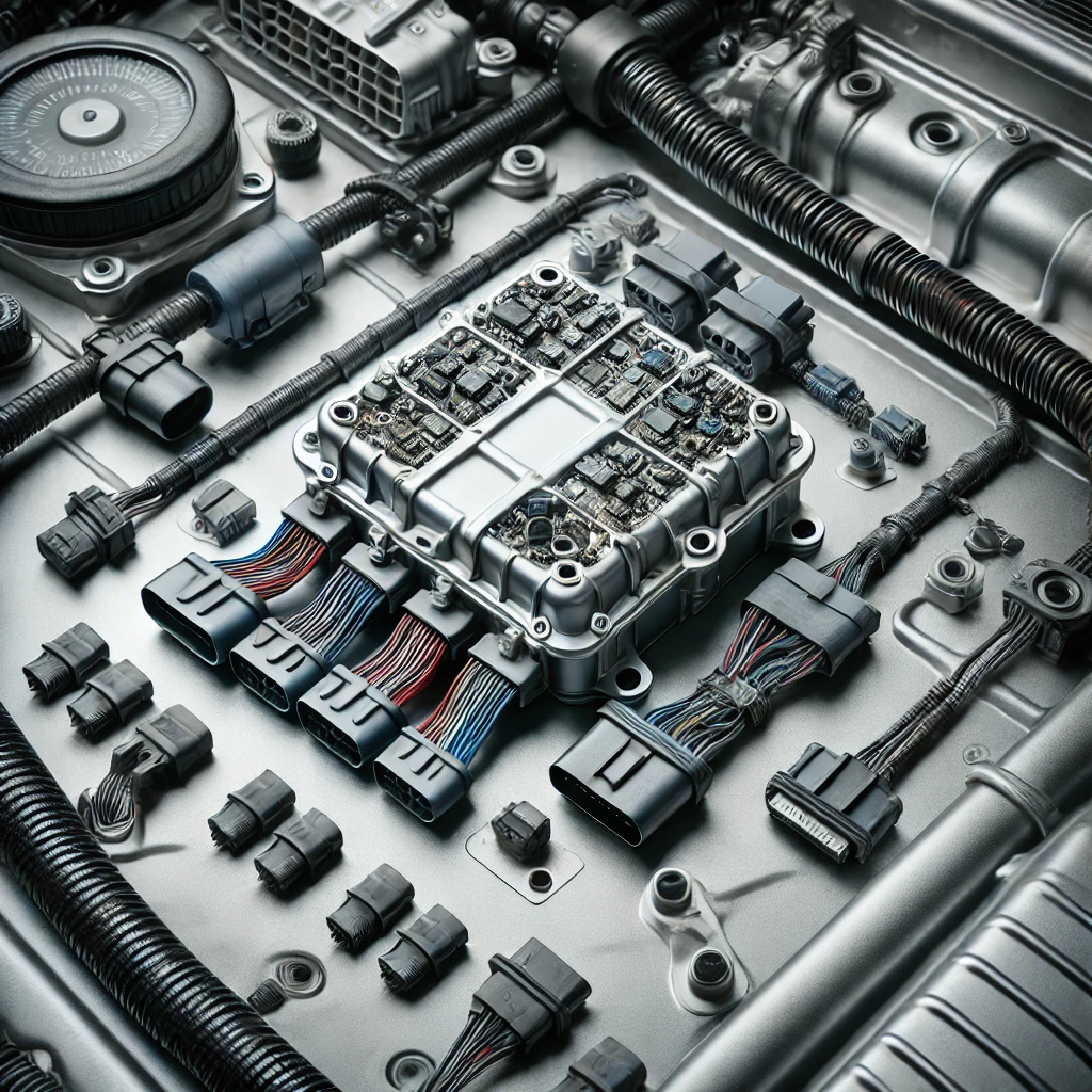 Engine Control Unit (ECU) of a car with connected wiring, highlighting LoneStarKeyMaster's transponder key programming services in Houston, TX