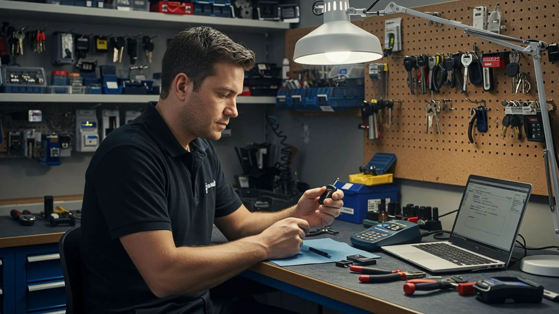 Houston locksmith working on a transponder key programmer, surrounded by tools, key blanks, and a laptop in an organized workshop. The technician is focused on programming a key in a professional locksmith environment.