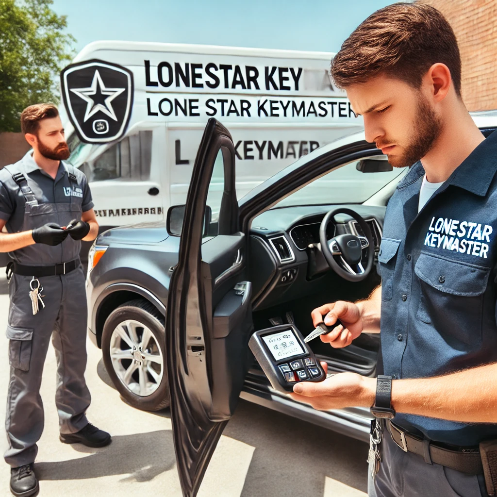 Locksmith technician programming a transponder car key next to a vehicle with a LoneStarKeyMaster mobile locksmith van in Houston, Texas.